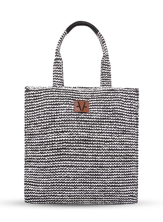 Avake Monochrome Mosaic Hand Bag with Raffia and Vegan Leather Accents | Fits 14-Inch Laptop | Stylish & Durable | Lightweight Shoulder Bag for Work, Travel & Daily Use | Made in India - Image 1